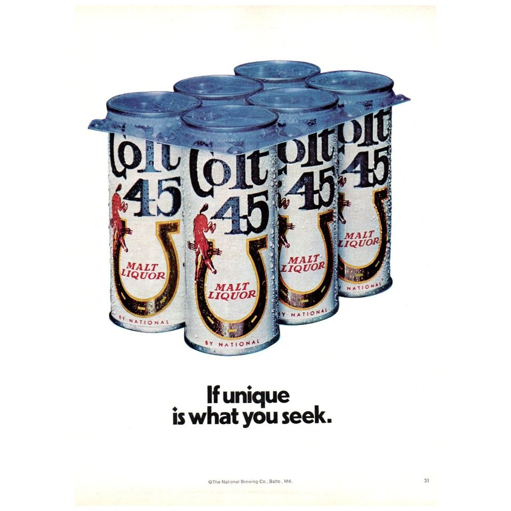 1974 Colt 45 Malt Liquor If Unique Is What You Seek Vintage Print Ad Horseshoe